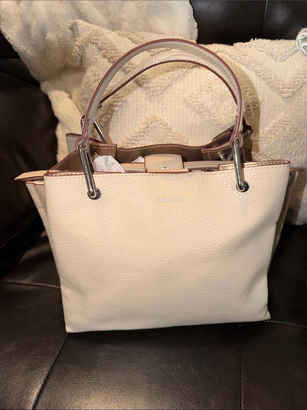 Anne Klein Ivory Pebble Leather handbag Tote with Silver Hardware Shoulder Strap